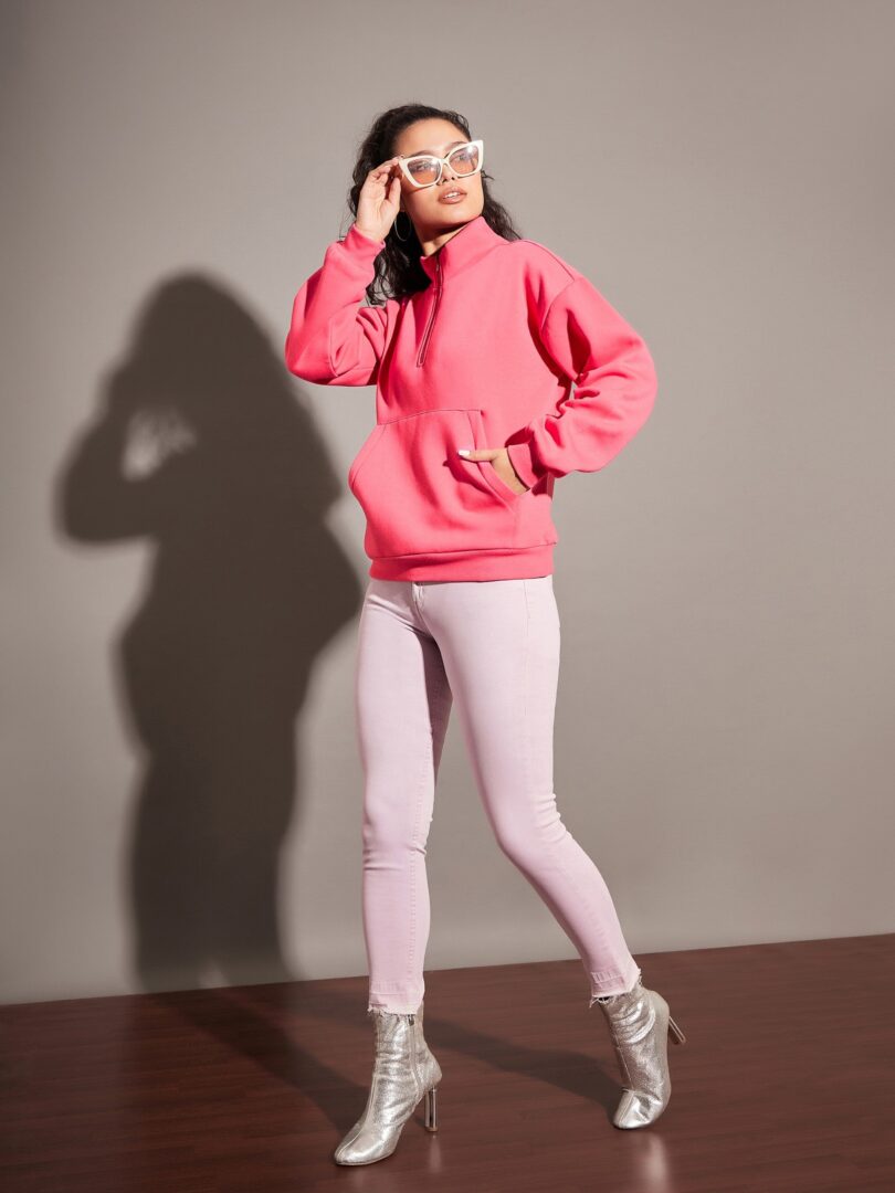 Women Pink Fleece Front Zipper Sweatshirt