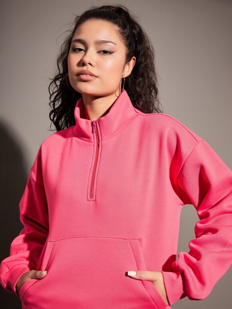 Women Pink Fleece Front Zipper Sweatshirt