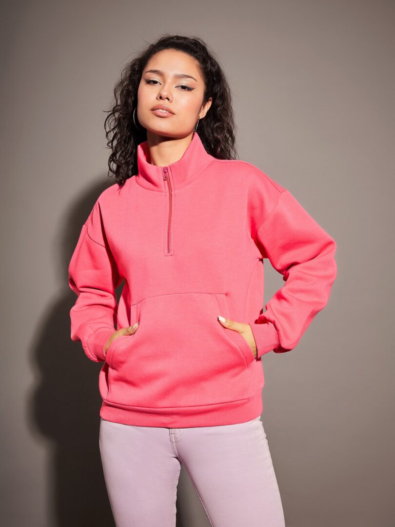 Women Pink Fleece Front Zipper Sweatshirt