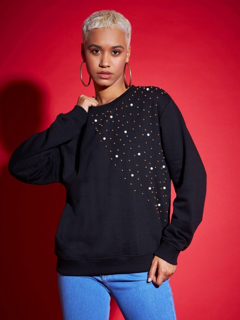 Women Black Terry Pearl Embellished Oversized Sweatshirt