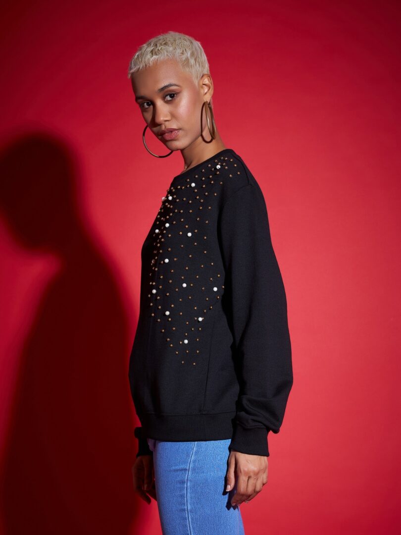 Women Black Terry Pearl Embellished Oversized Sweatshirt