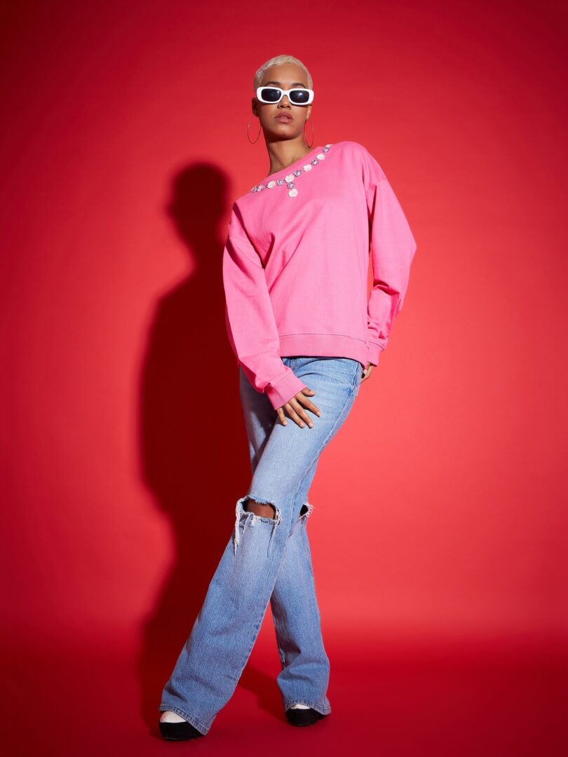 Women Pink Terry Neck Sequin Embellished Oversized Sweatshirt