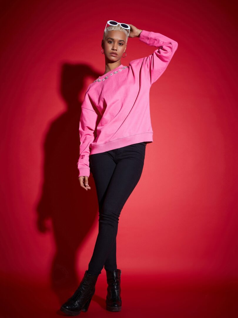 Women Pink Terry Stud Pearl Oversized Sweatshirt