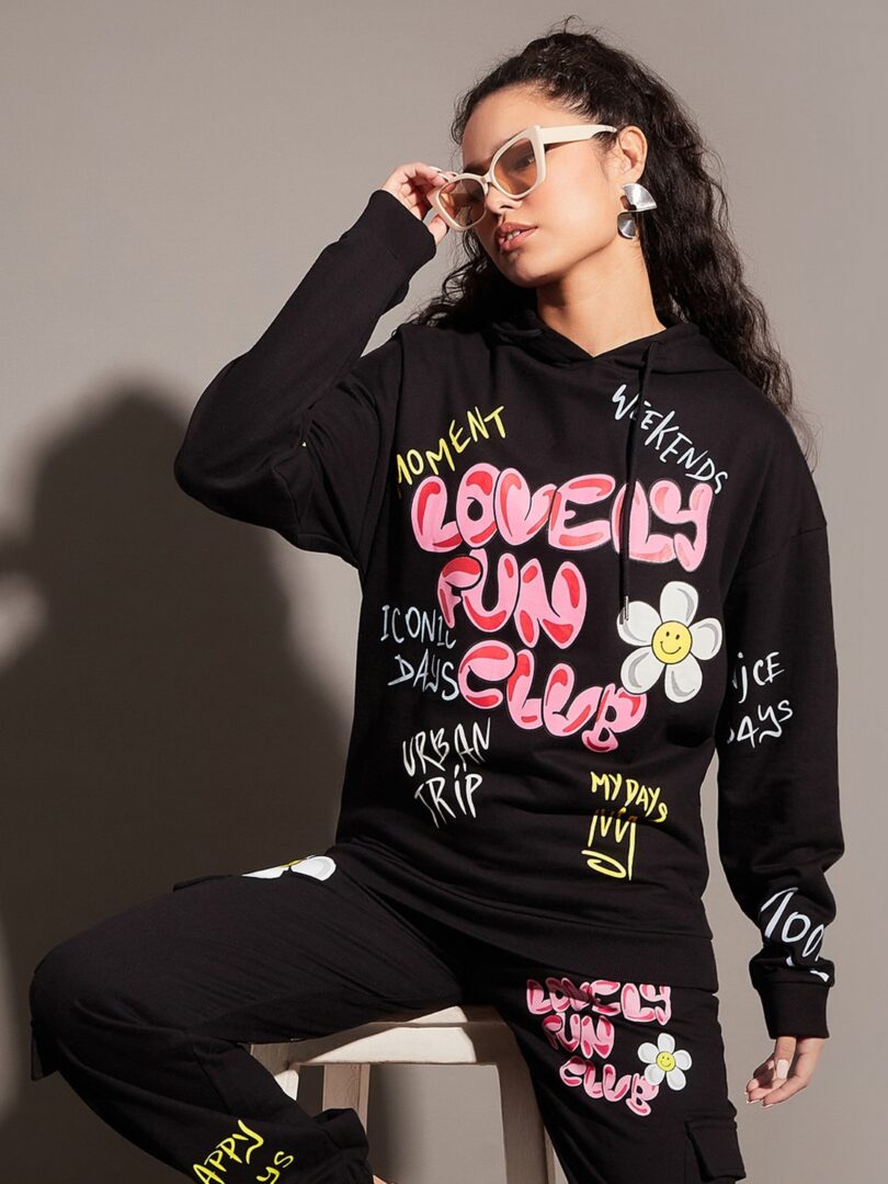 Women Black LOVELY FUN CLUB Hoodie