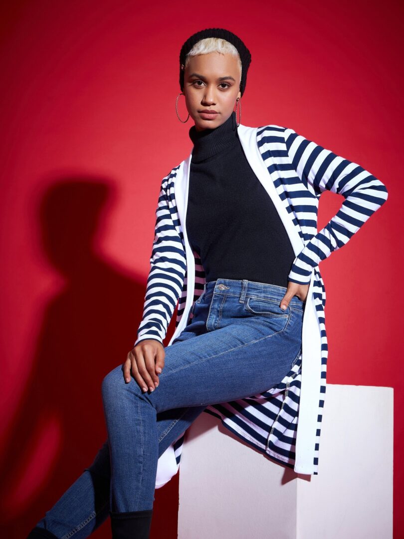 Women Navy & White Striped Front Open Sweater