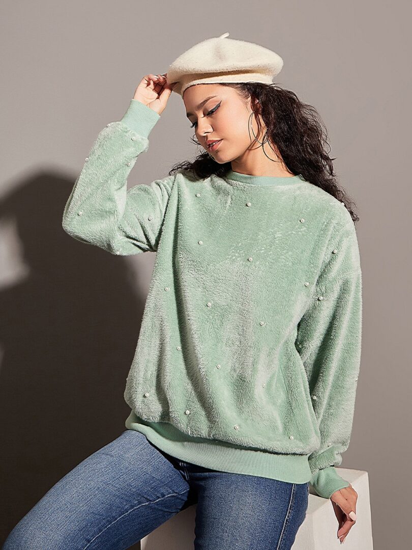 Women Sea Green Fur Pearl Sweatshirt