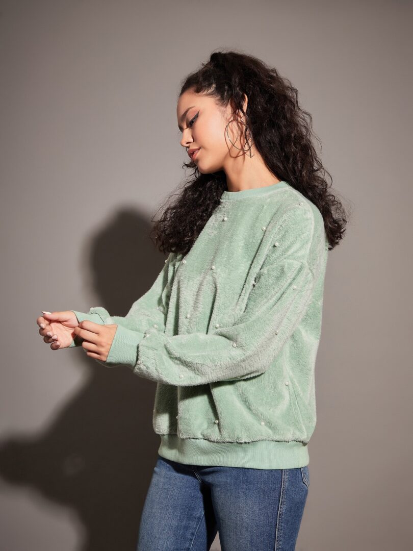 Women Sea Green Fur Pearl Sweatshirt