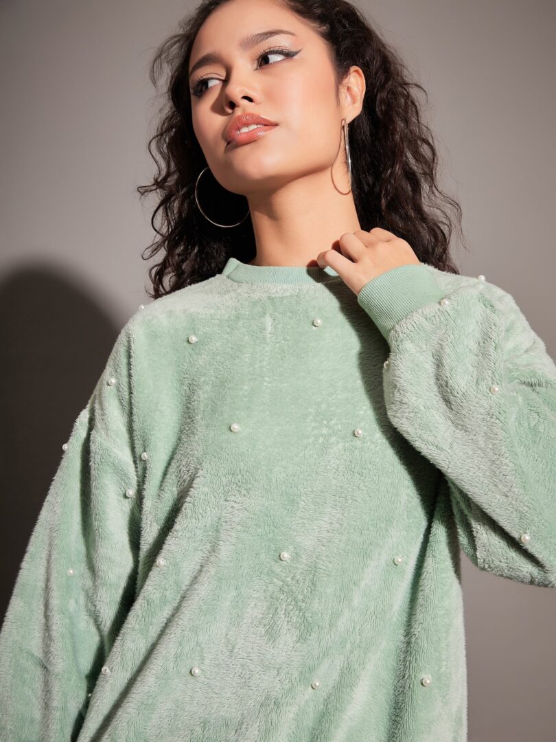 Women Sea Green Fur Pearl Sweatshirt