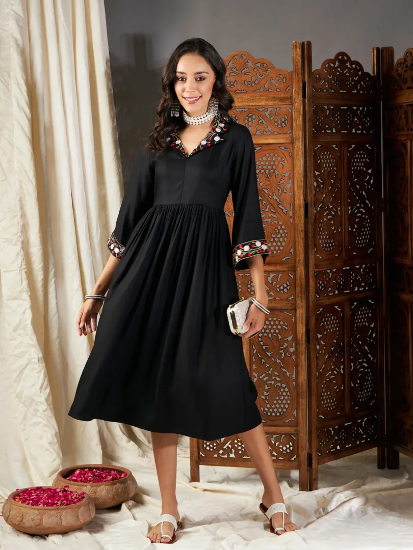 Women Black Embroidered Sleeve Gathered Dress