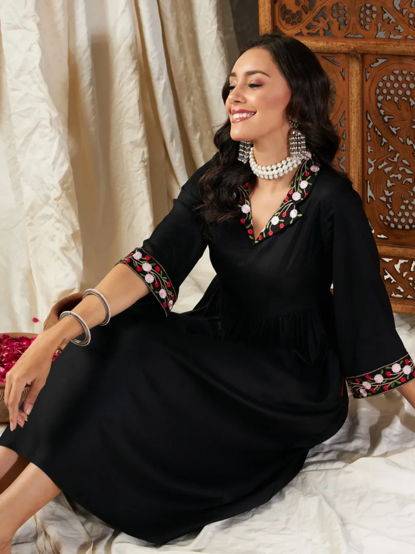 Women Black Embroidered Sleeve Gathered Dress