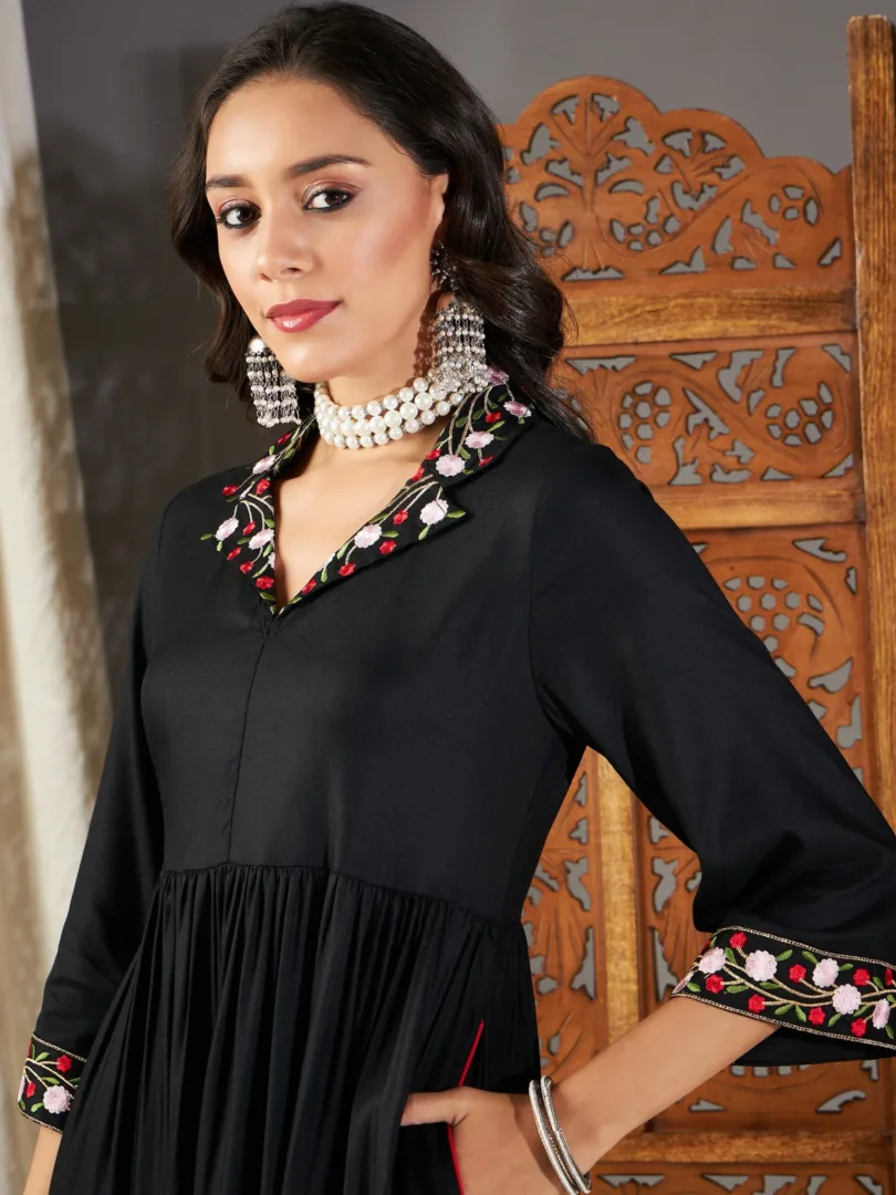 Women Black Embroidered Sleeve Gathered Dress