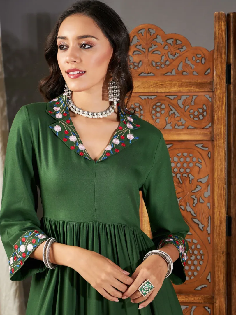 Women Green Embroidered Sleeve Gathered Dress