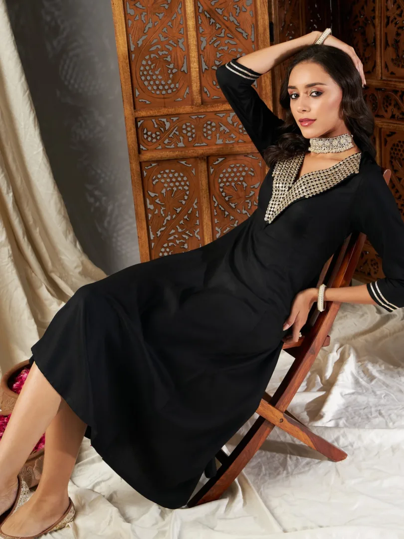 Women Black Zari Embroidered A-Line Dress