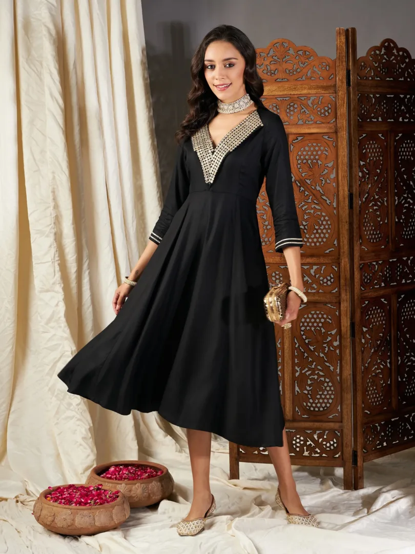 Women Black Zari Embroidered A-Line Dress