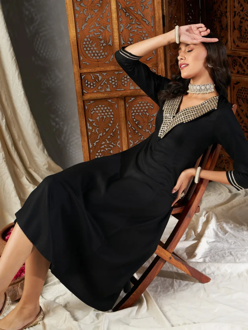 Women Black Zari Embroidered A-Line Dress