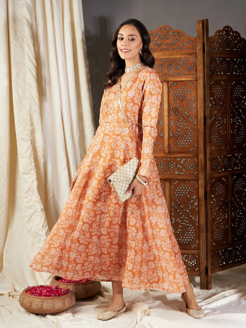 Women Mustard Floral Wrap Anarkali Maxi Dress