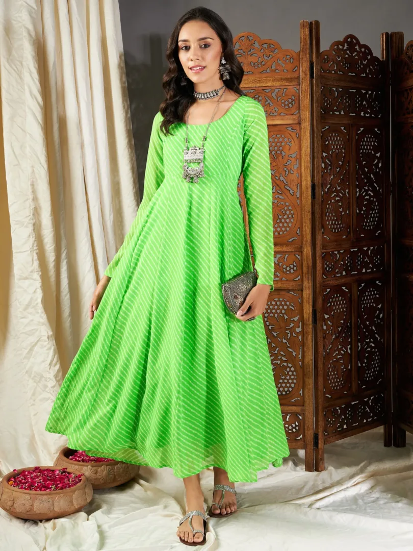 Women Green Lehariya Anarkali Dress