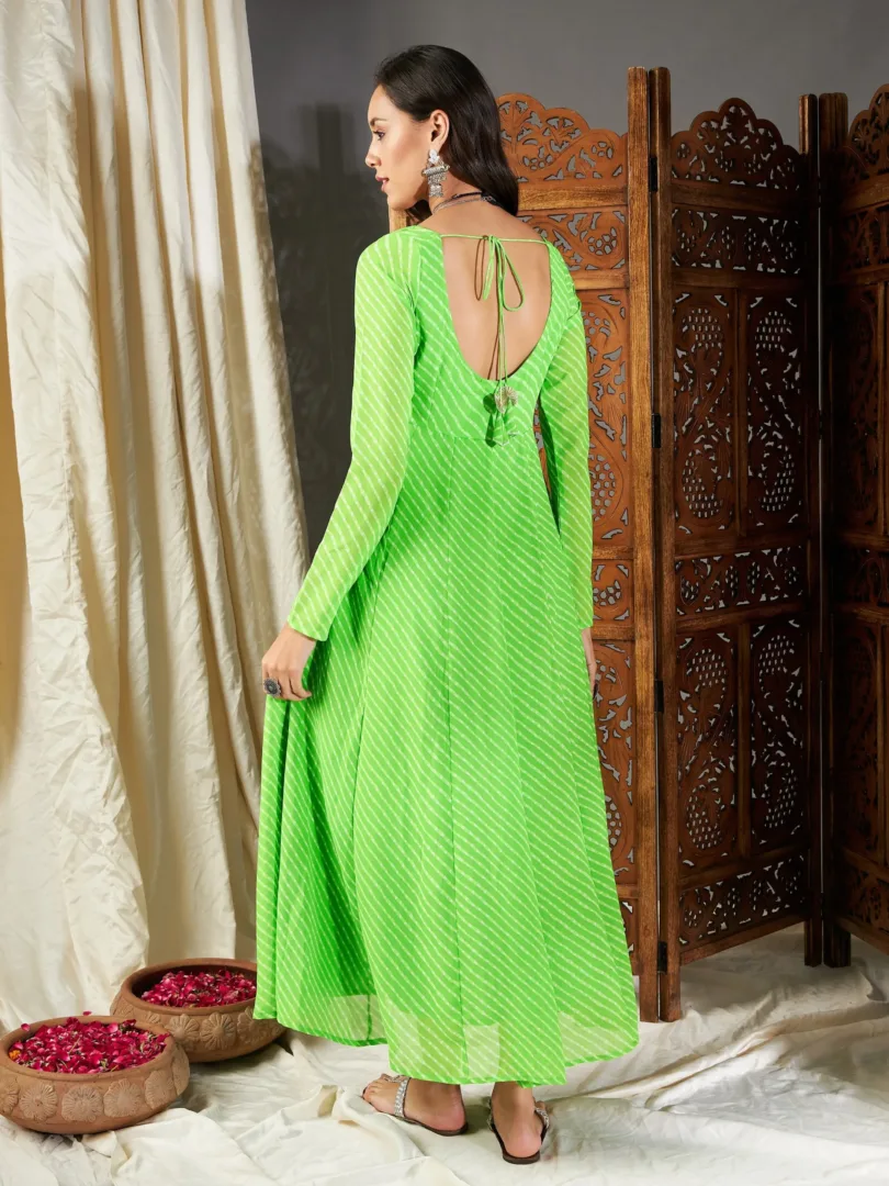 Women Green Lehariya Anarkali Dress