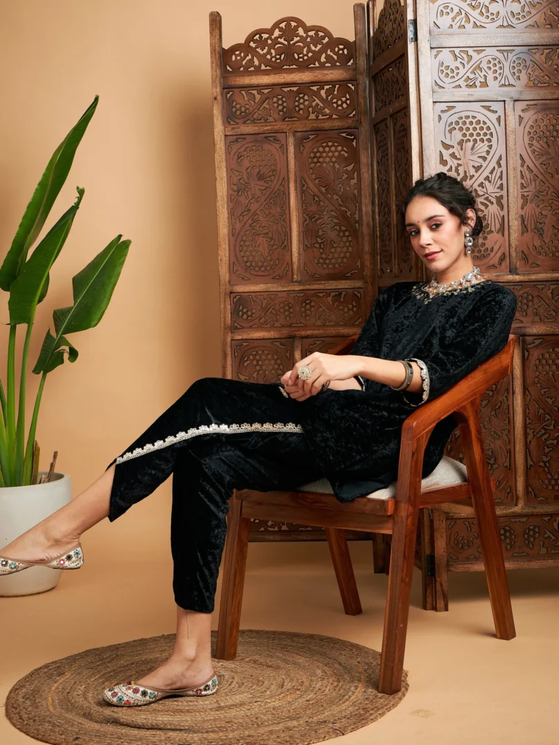 Women Black Velvet Gota Patti Embroidered Short Kurta