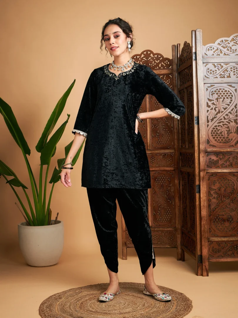 Women Black Velvet Gota Patti Embroidered Short Kurta