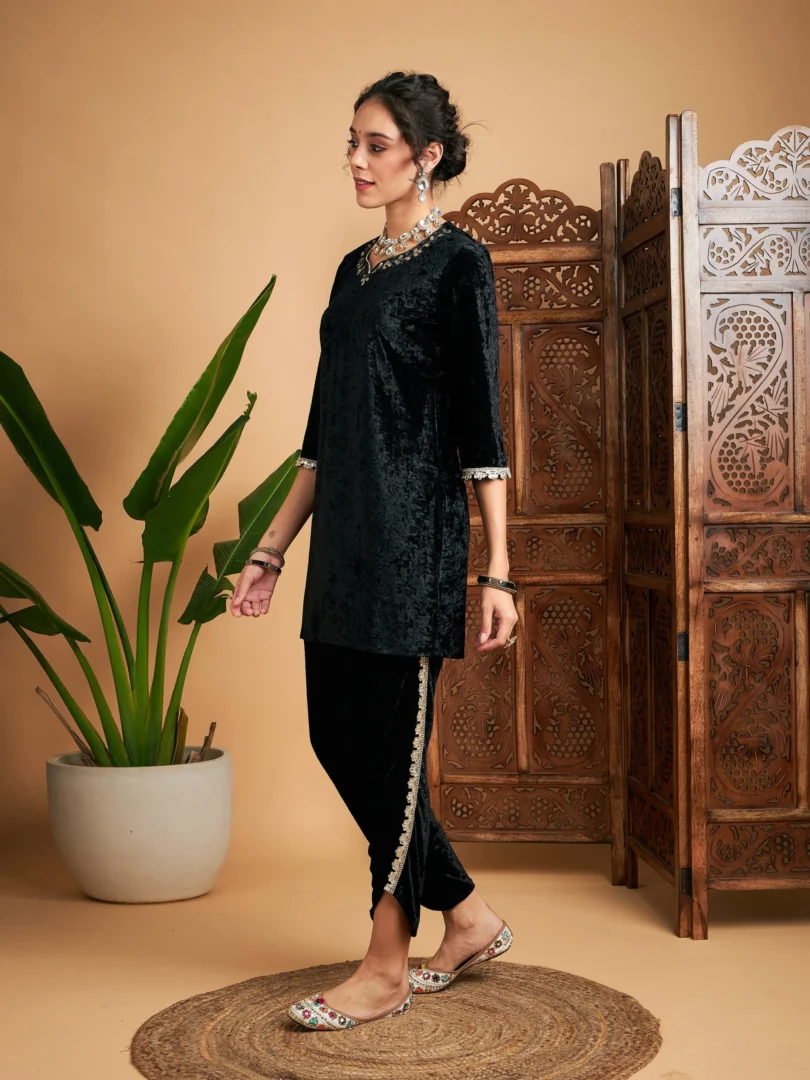 Women Black Velvet Gota Patti Embroidered Short Kurta