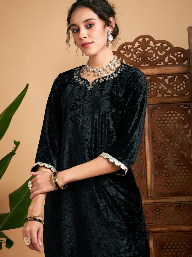 Women Black Velvet Gota Patti Embroidered Short Kurta