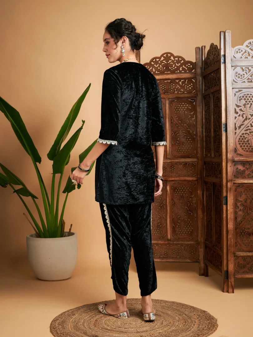 Women Black Velvet Gota Patti Embroidered Short Kurta