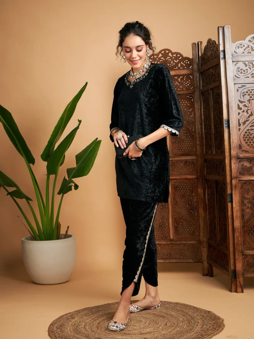 Women Black Velvet Gota Patti Embroidered Short Kurta