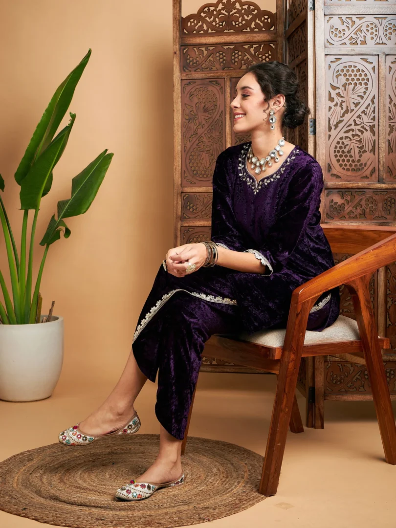 Women Purple Velvet Gota Patti Embroidered Short Kurta