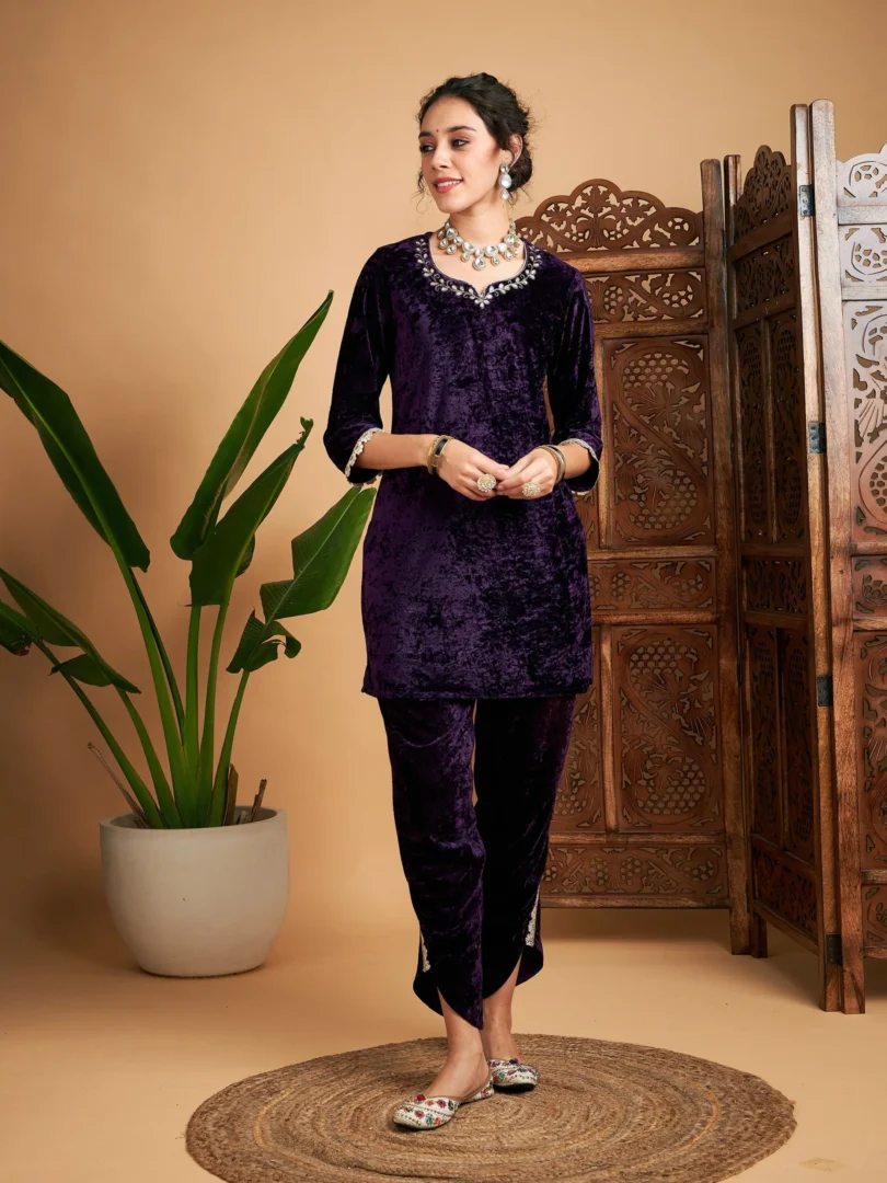 Women Purple Velvet Gota Patti Embroidered Short Kurta