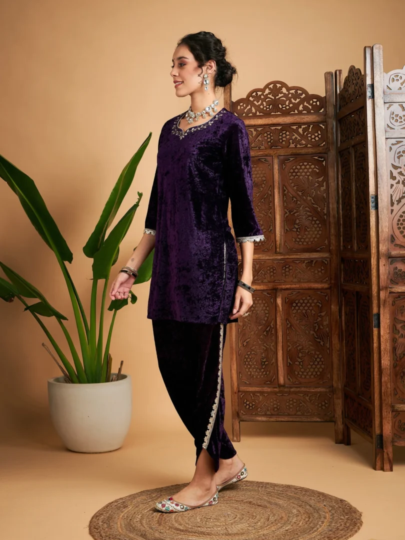 Women Purple Velvet Gota Patti Embroidered Short Kurta