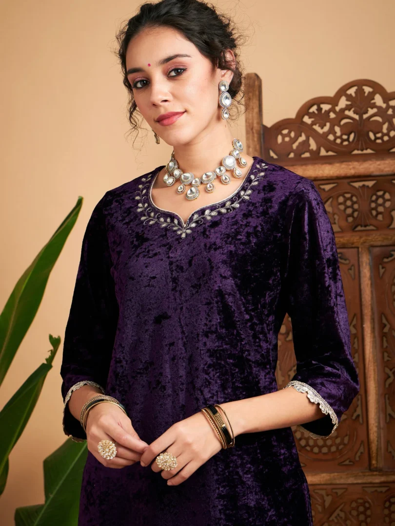 Women Purple Velvet Gota Patti Embroidered Short Kurta