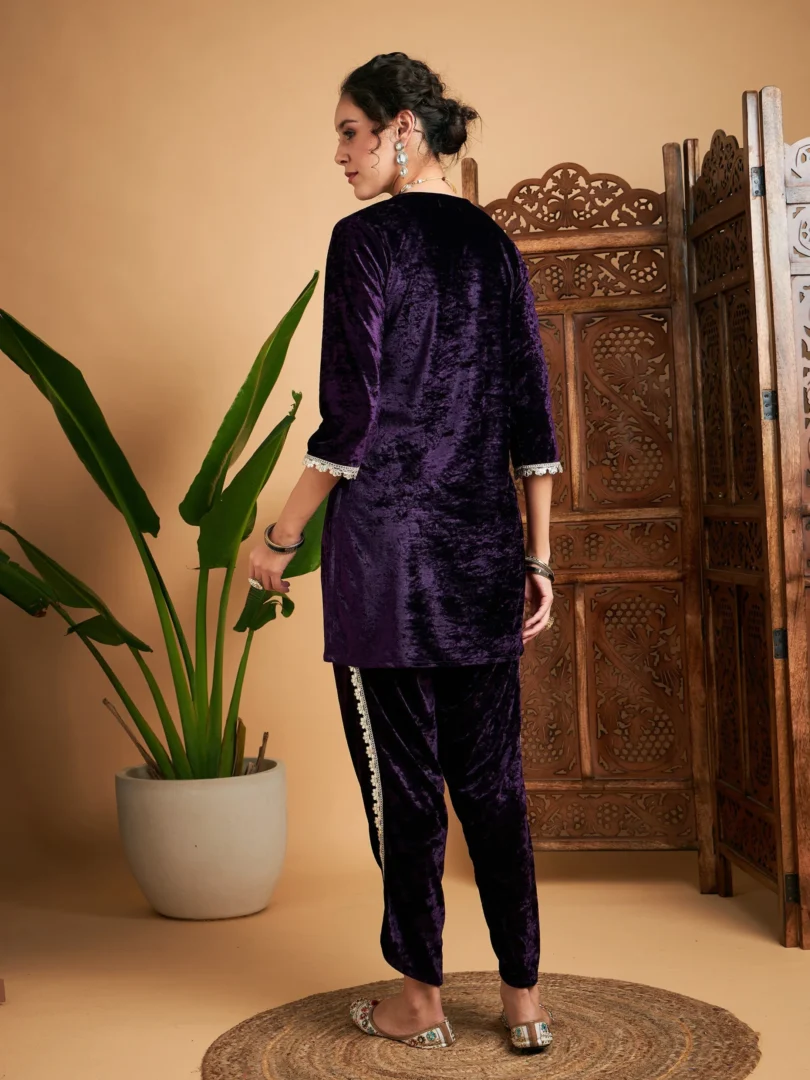 Women Purple Velvet Gota Patti Embroidered Short Kurta