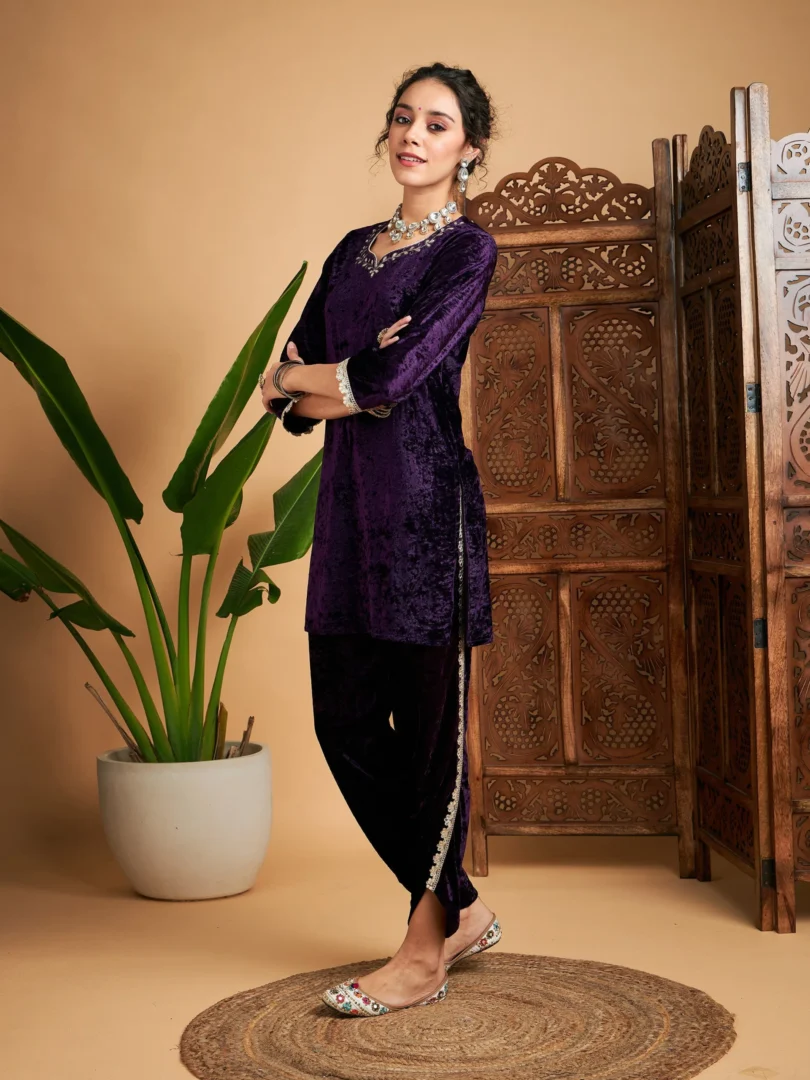 Women Purple Velvet Gota Patti Embroidered Short Kurta