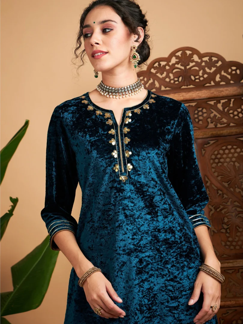 Women Teal Velvet Embroidered Short Kurta