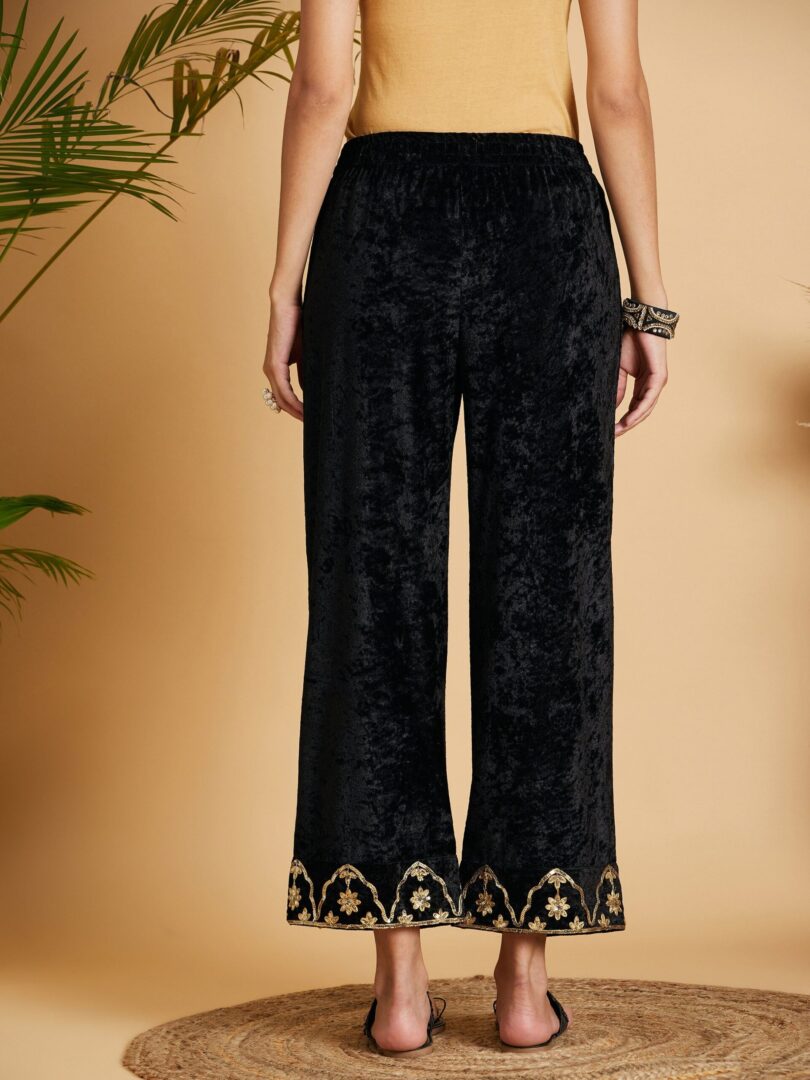 Women Black Velvet Embroidered Straight Pants
