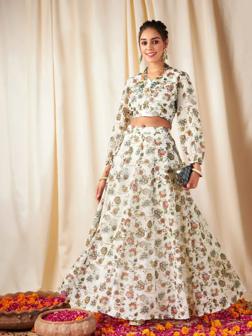 Women Beige Floral Wrap Top With Anarkali Skirt