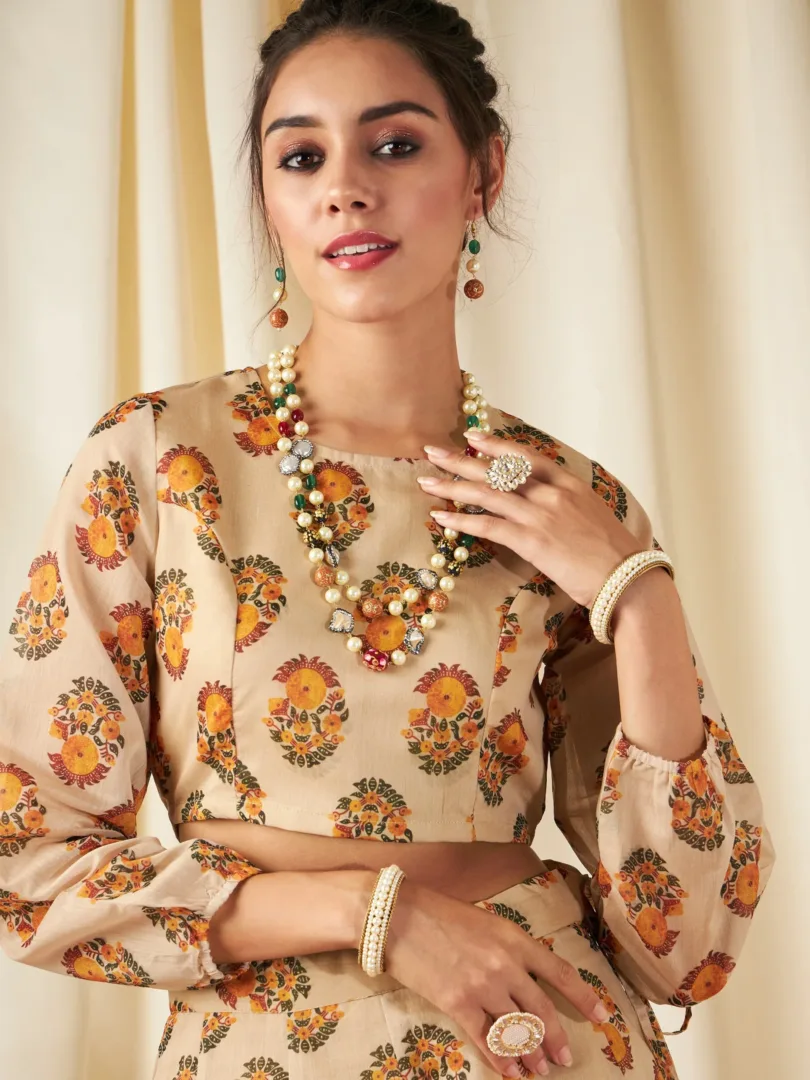 Women Beige Floral Crop Top With Anarkali Skirt