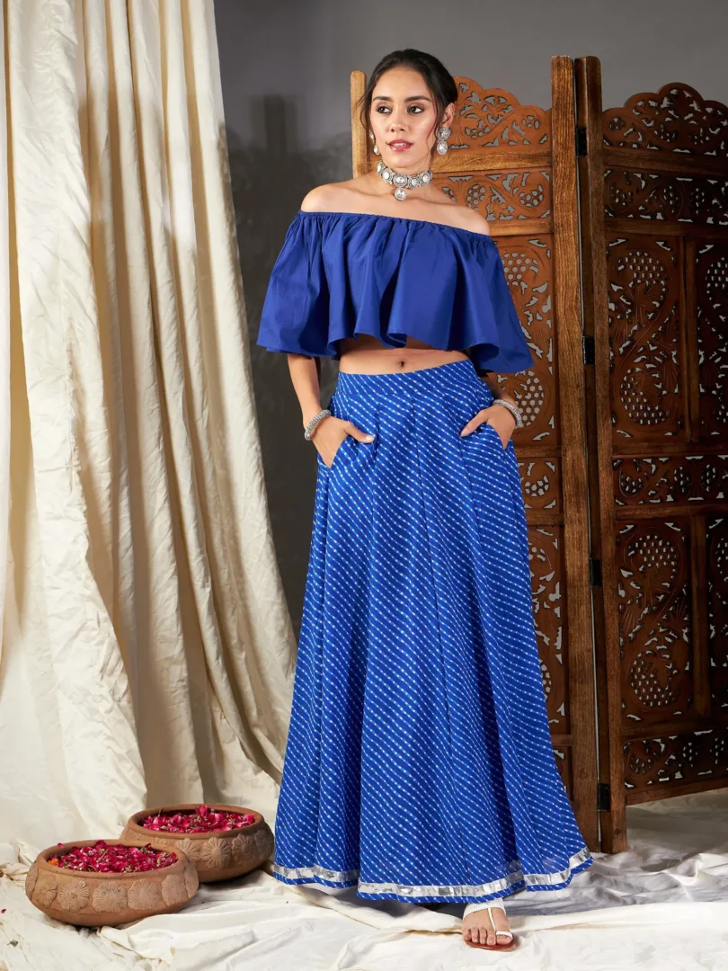 Women Blue Lehariya Off Shoulder Crop Top With Anarkali Skirt
