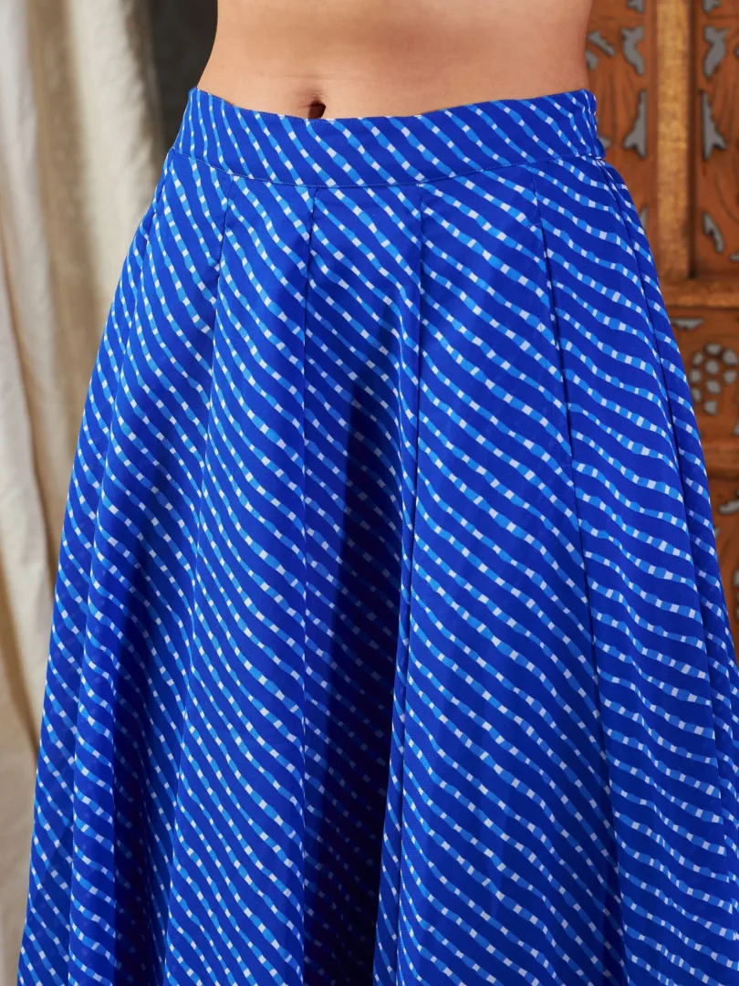 Women Blue Lehariya Off Shoulder Crop Top With Anarkali Skirt