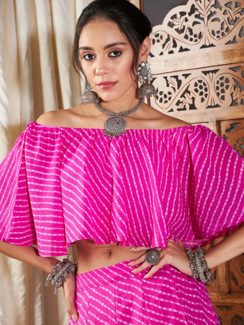Women Pink Lehariya Off Shoulder Crop Top With Anarkali Skirt