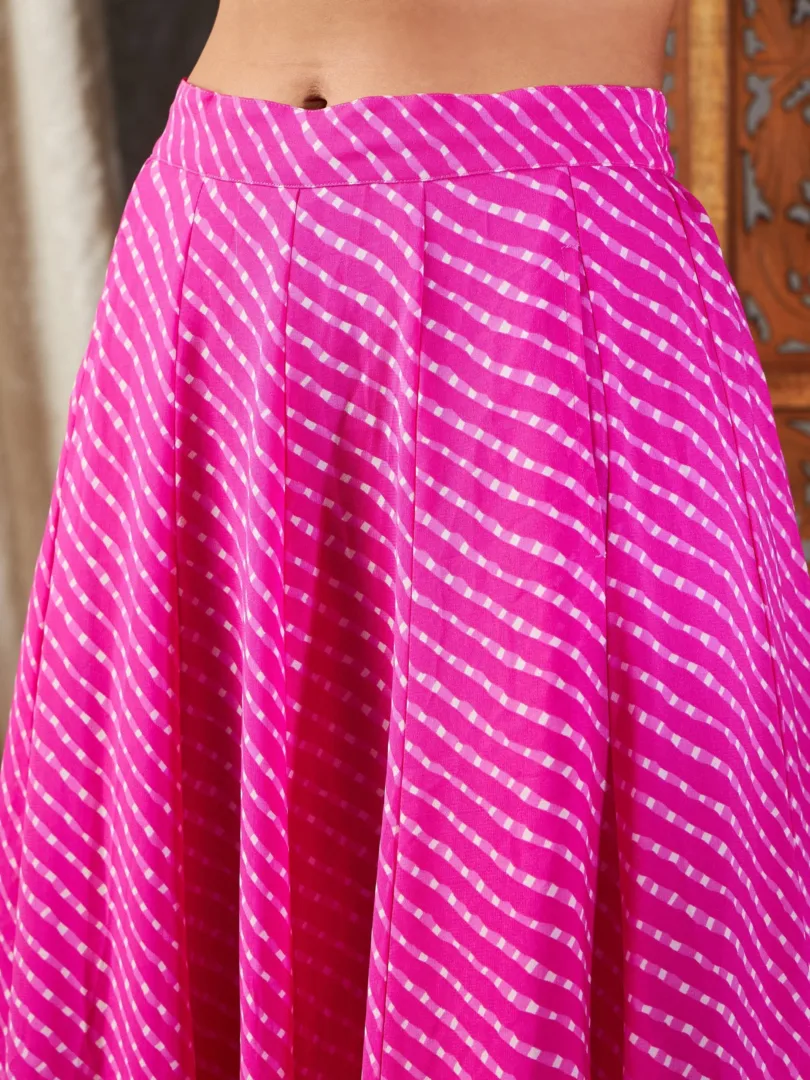 Women Pink Lehariya Off Shoulder Crop Top With Anarkali Skirt