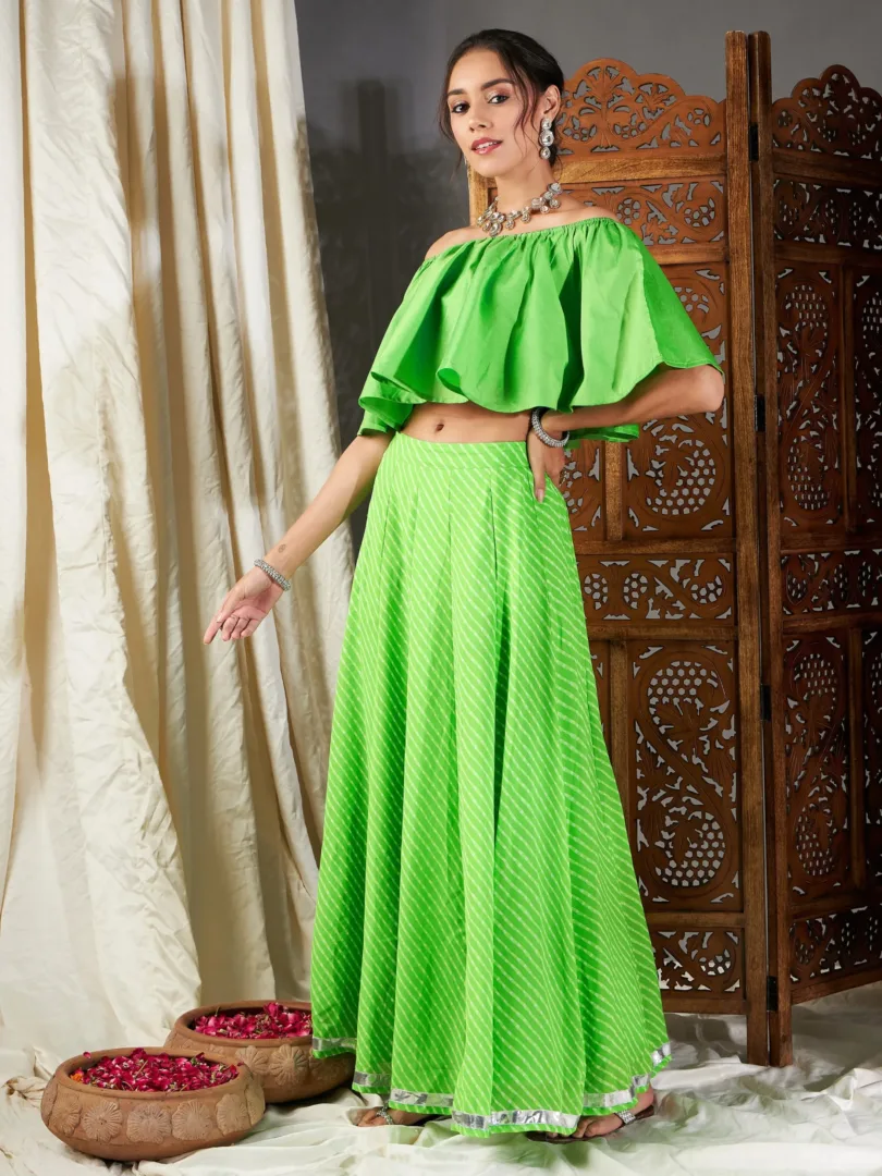 Women Green Lehariya Bardot Crop Top With Anarkali Skirt