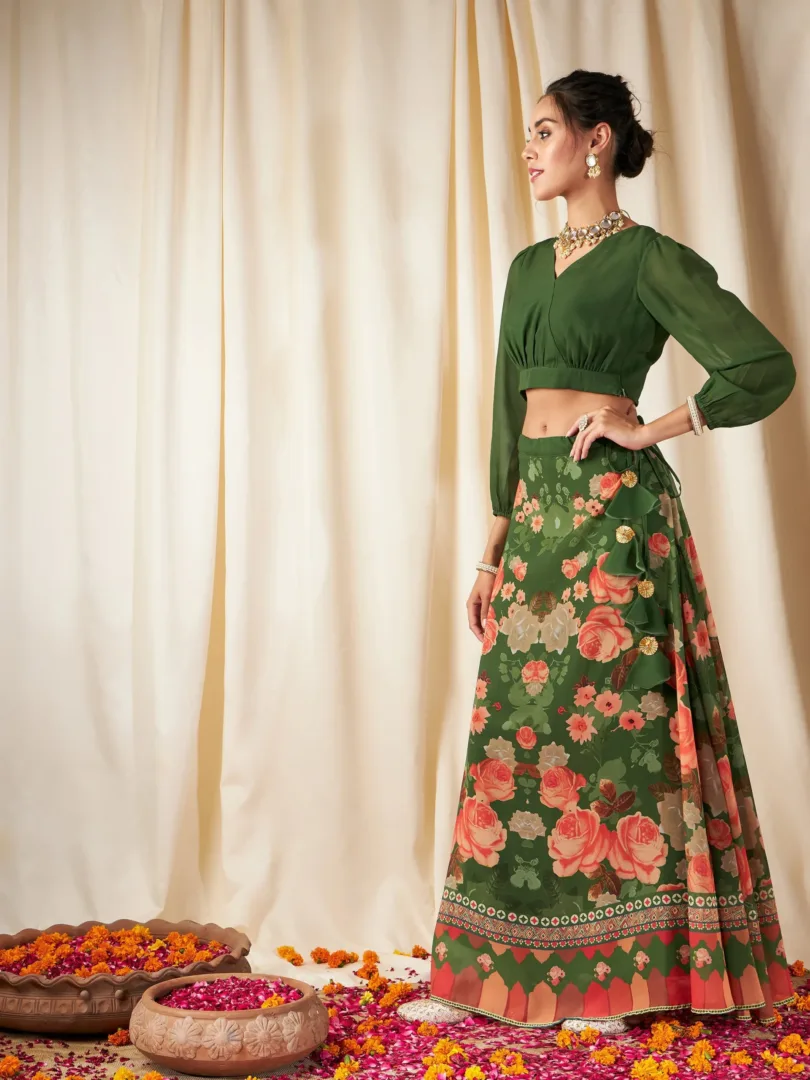 Women Green & Peach Floral Bias Flared Skirt With Crop Top