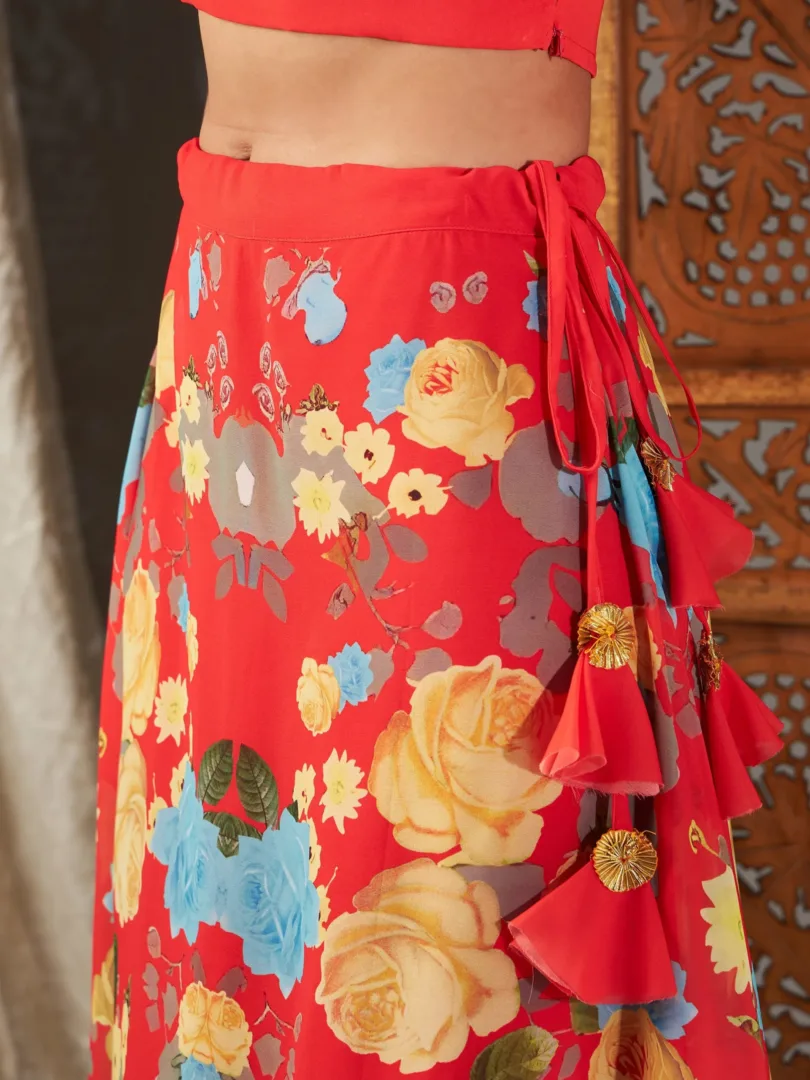 Women Red & Yellow Floral Bias Flared Skirt With Crop Top