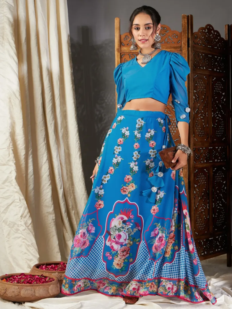 Women Blue Floral Bias Flared Skirt With Crop Top
