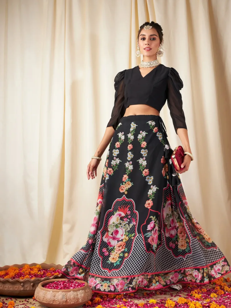 Women Black Floral Bias Flared Skirt With Crop Top