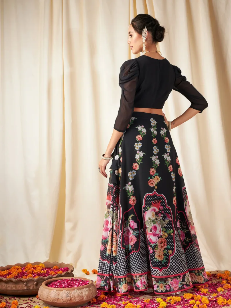 Women Black Floral Bias Flared Skirt With Crop Top
