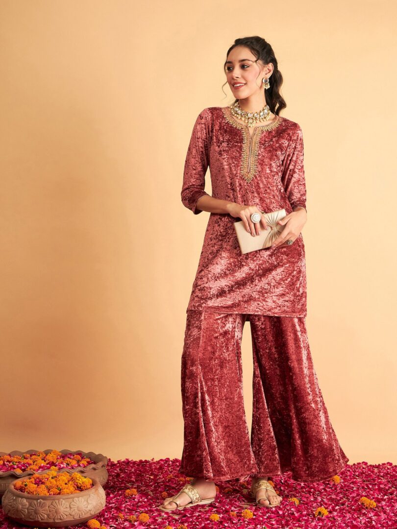 Women Pink Velvet Embroidered Short Kurta With Palazzos