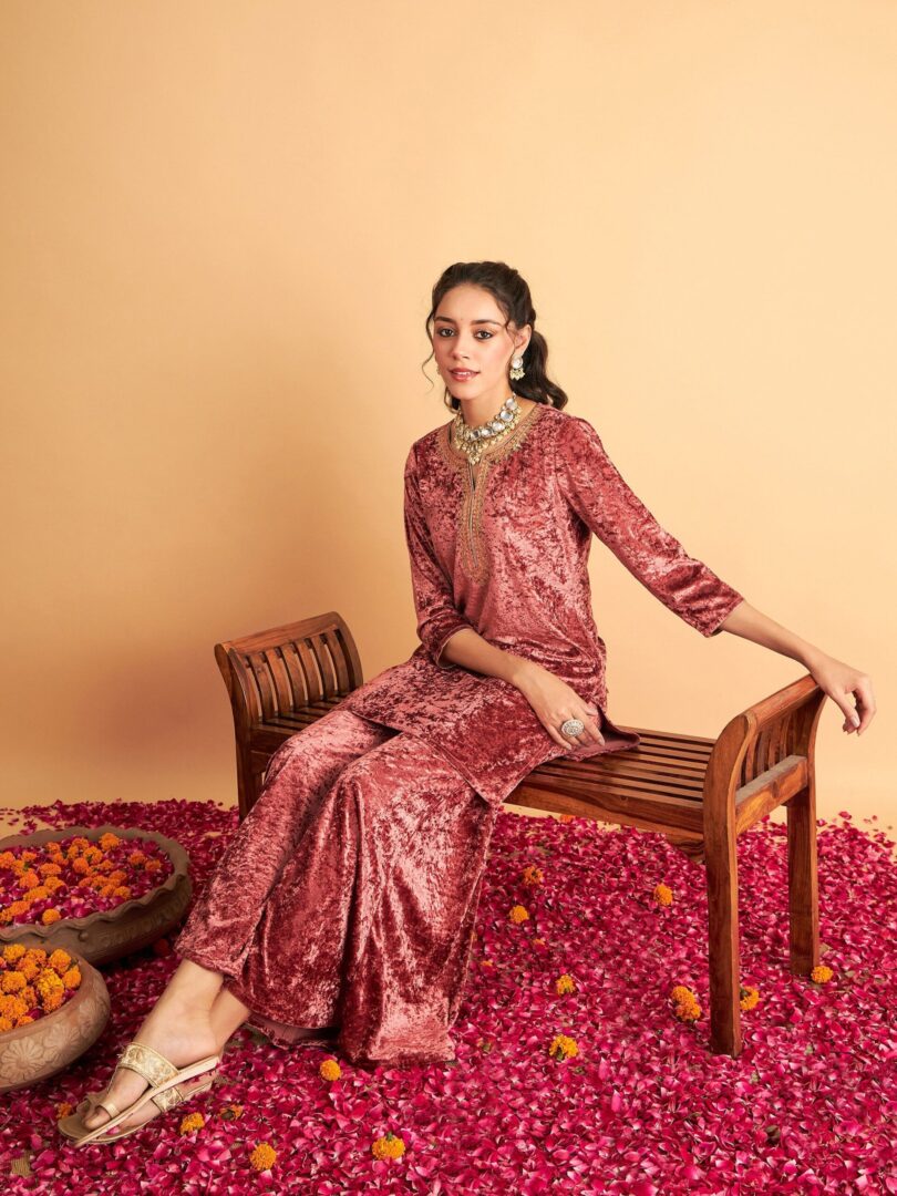 Women Pink Velvet Embroidered Short Kurta With Palazzos